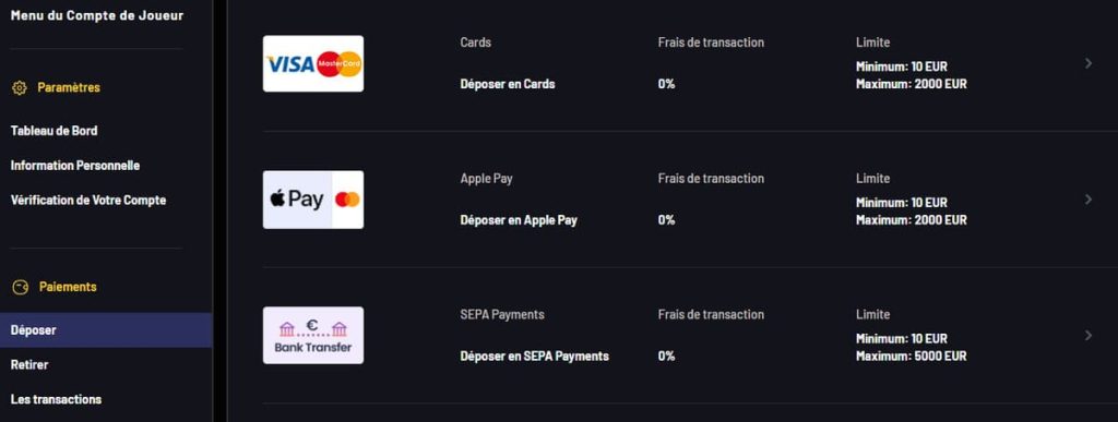 Donbet Casino moyens paiement